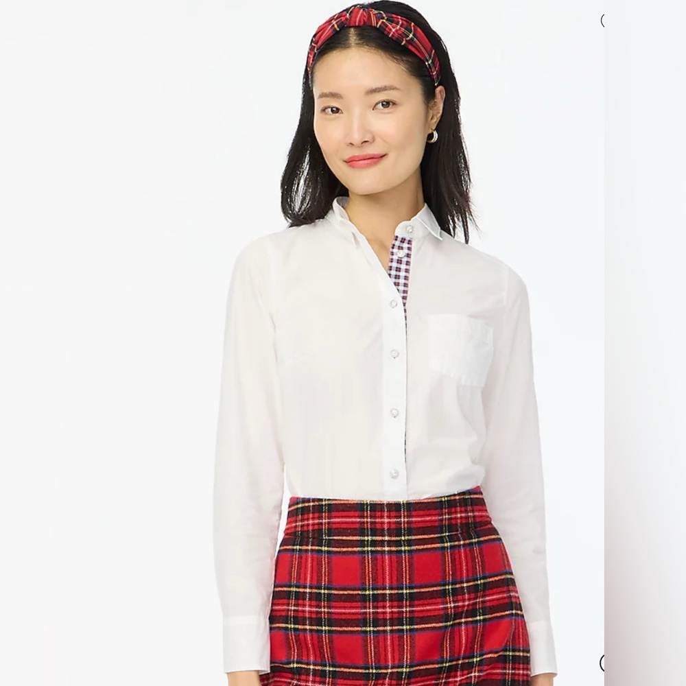 J crew Tartan placket jeweled button-up cotton poplin shirt in signature fit NWT